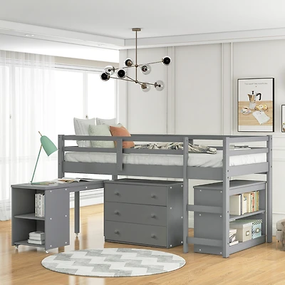 Streamdale Low Study Twin Loft Bed With Cabinet And Rolling Portable Desk