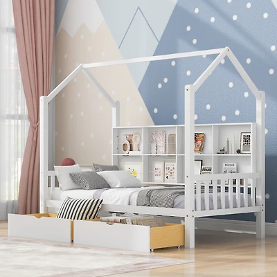 Streamdale Wooden Twin Size House Bed With 2 Drawers, Kids Bed With Storage Shelf