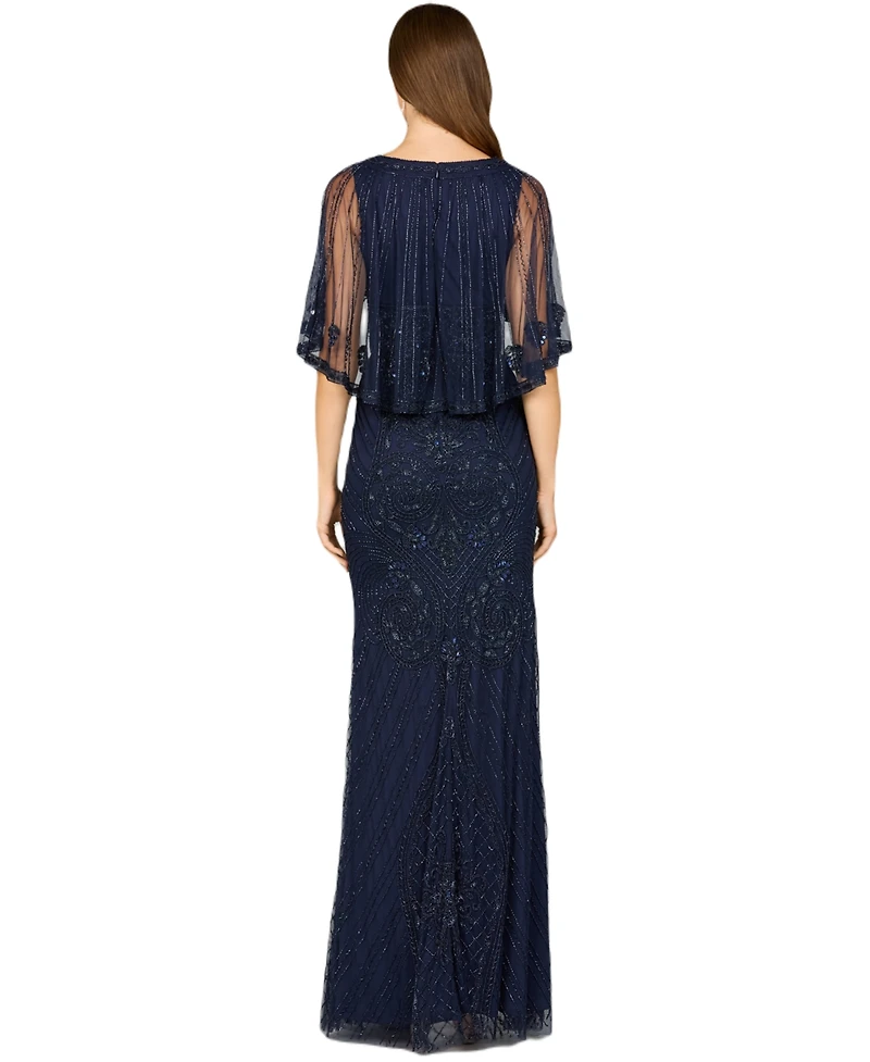 Lara Women's Cape Sleeve V-Neck Beaded Gown