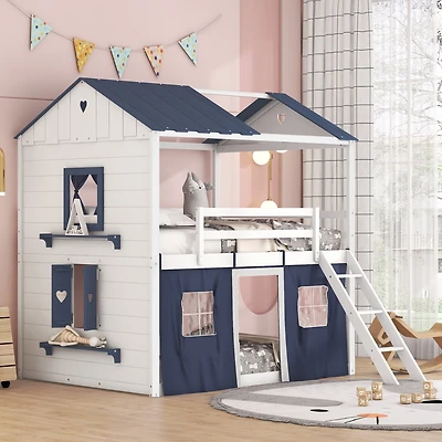 Streamdale Full Bunk Wood House Bed With Elegant Windows, Sills And Tent