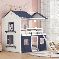 Streamdale Full Bunk Wood House Bed With Elegant Windows, Sills And Tent