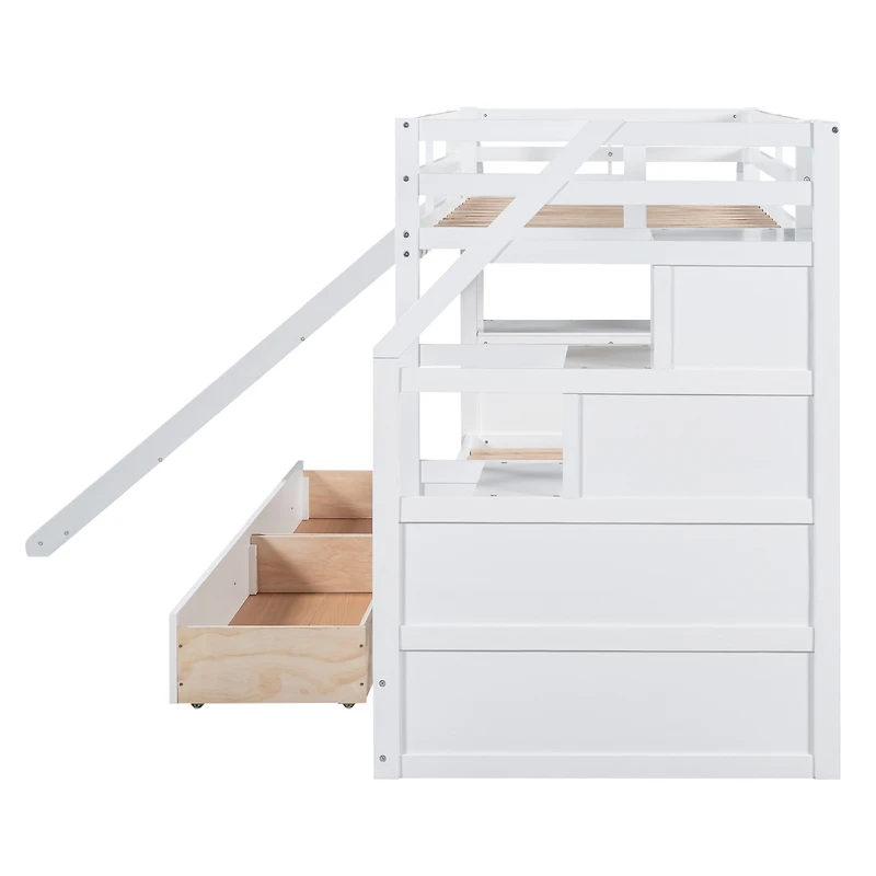 Streamdale White Twin Bunk Bed with Staircase, Slide, and Desk