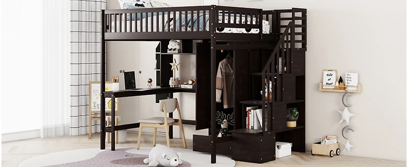 Streamdale Full Loft Bed With Bookshelf, Drawers, Desk, And Wardrobe White
