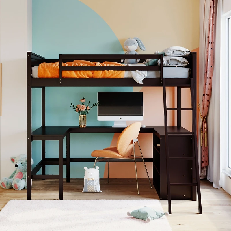 Streamdale Full Loft Bed With Shelves And Desk, Wooden Desk