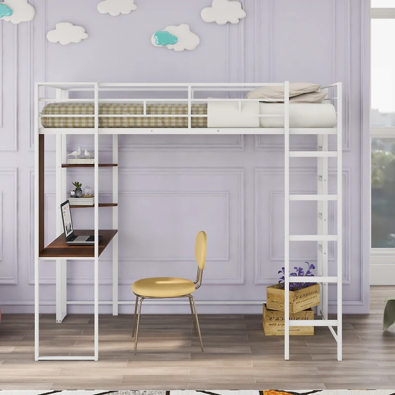 Streamdale Twin Metal Loft Bed With 2 Shelves And One Desk