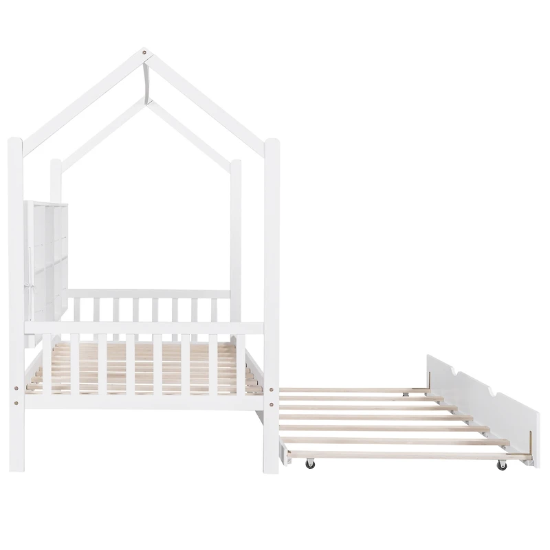 Streamdale Wooden Twin Size House Bed With Trundle, Kids Bed With Shelf, White