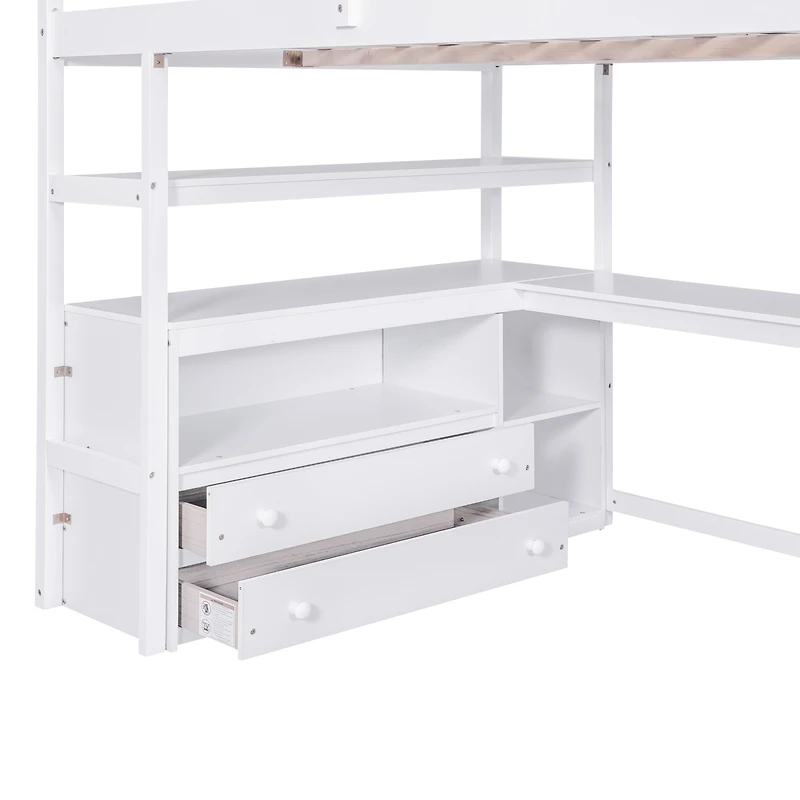 Simplie Fun Full Loft Bed With Desk And Shelves, Two Built-In Drawers, Storage Staircase, Gray