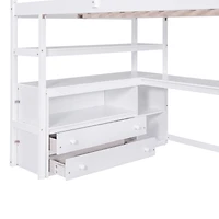 Simplie Fun Full Loft Bed With Desk And Shelves, Two Built-In Drawers, Storage Staircase, Gray