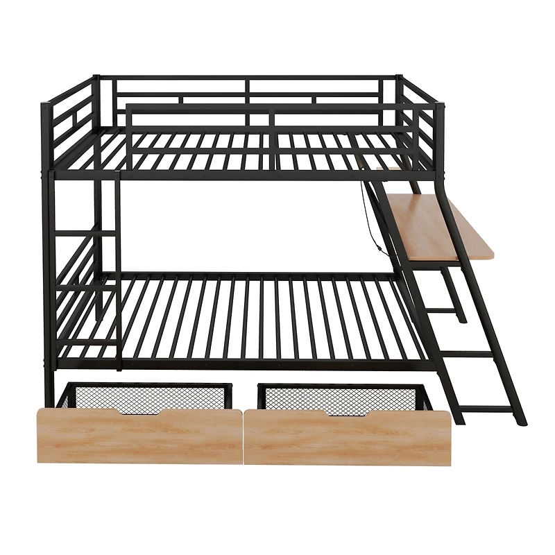 Simplie Fun Full Size Metal Bunk Bed With Built-In Desk, Light And 2 Drawers