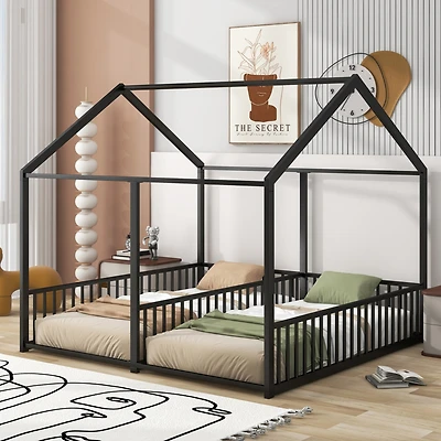 Simplie Fun Metal Twin House Platform Beds, Two Shared White