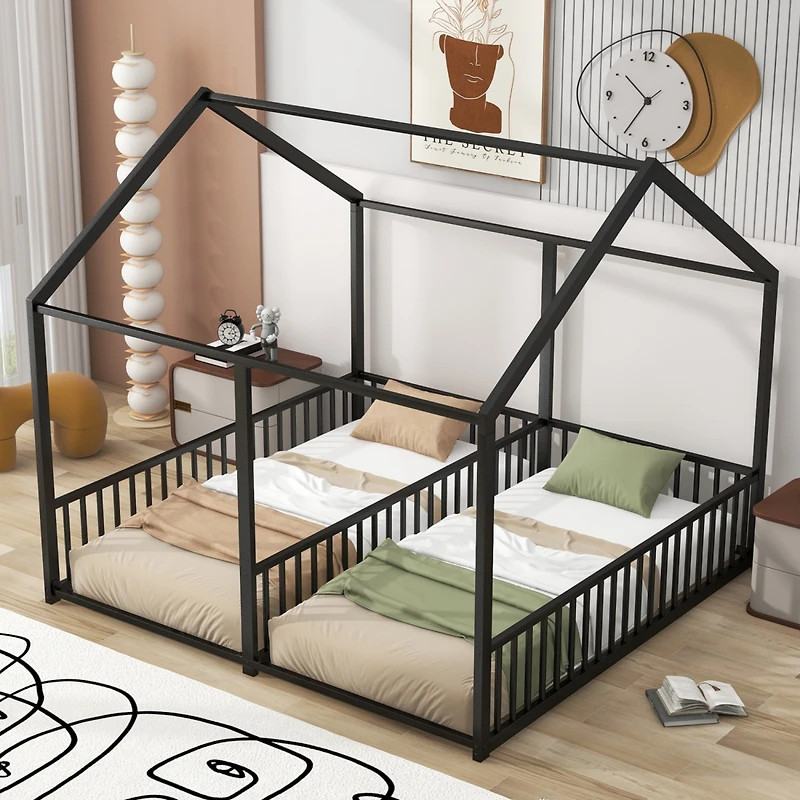 Simplie Fun Metal Twin House Platform Beds, Two Shared White