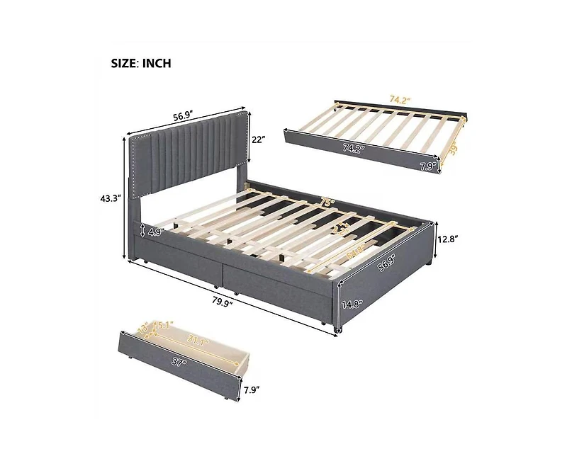 Simplie Fun Full Size Upholstered Platform Bed With 2 Drawers And 1 Twin Size Trundle, Classic Headboard Design