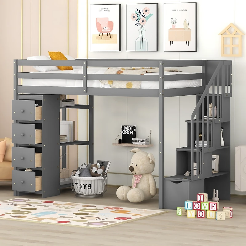 Streamdale Loft Bed with Storage, Stairs, and Shelves