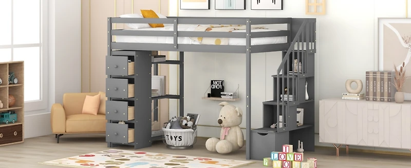 Streamdale Loft Bed with Storage, Stairs, and Shelves