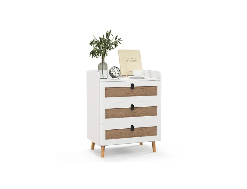 Slickblue Modern End Table with 3 Rattan Decorated Drawers-White