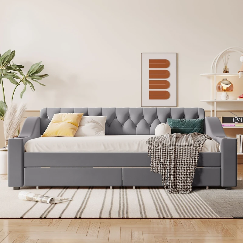 Twin Size Upholstered Daybed With Storage Armrests And Usb Port