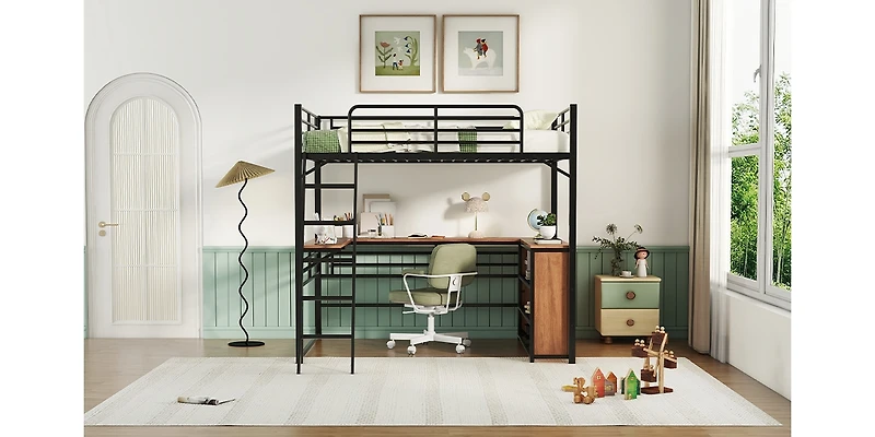Streamdale Metal Loft Bed with Shelving and L-Desk