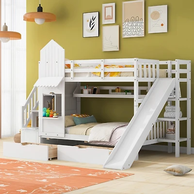 Streamdale Castle Bunk Bed w/ Drawers, Shelves, Slide (Pink)