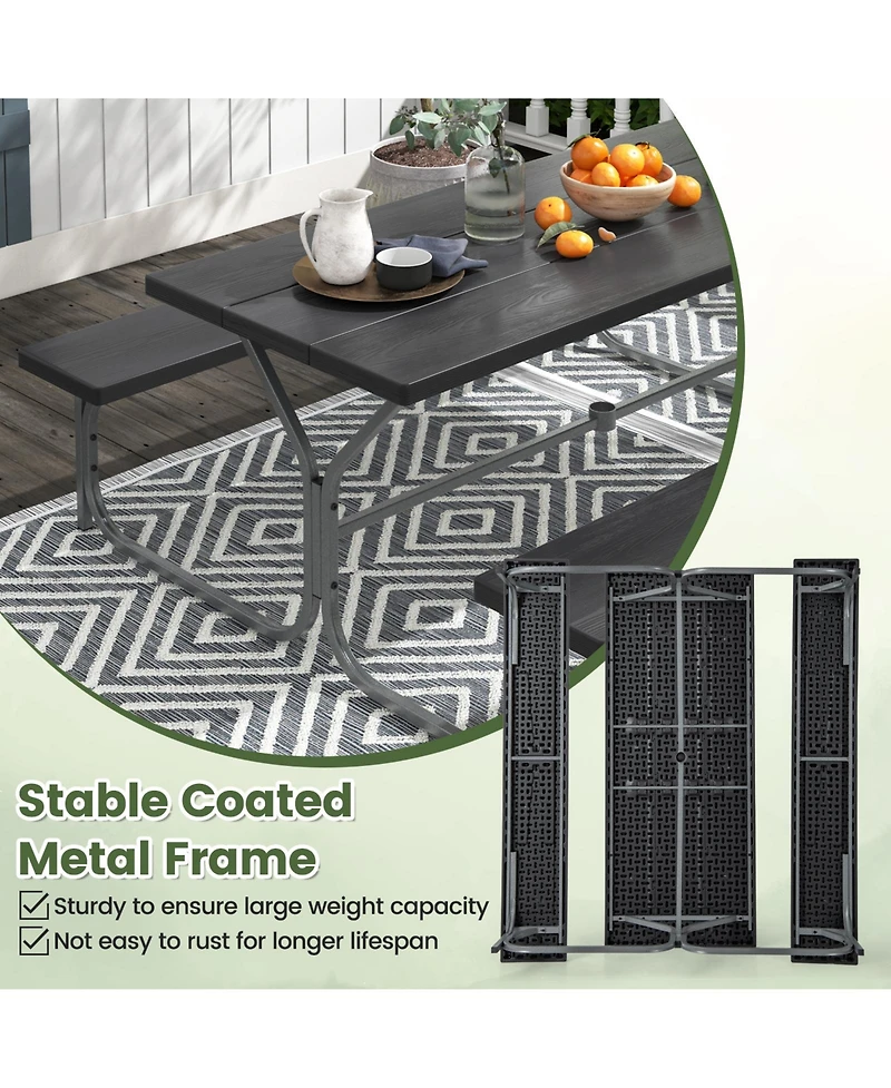 Slickblue 6 Ft Picnic Table Bench Set Dining and 2 Benches with Metal Frame Hdpe Tabletop