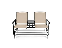 Slickblue 2-Person Double Rocking Loveseat with Mesh Fabric and Center Tempered Glass Table