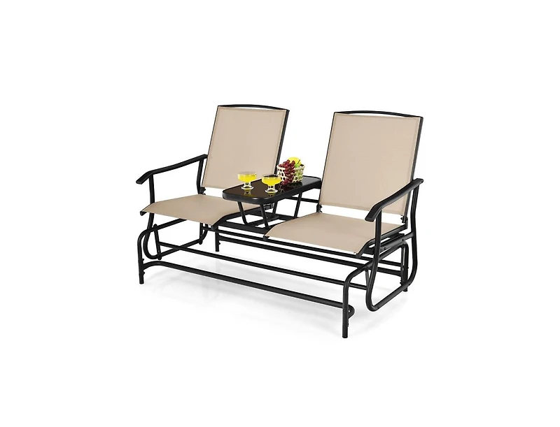 Slickblue 2-Person Double Rocking Loveseat with Mesh Fabric and Center Tempered Glass Table