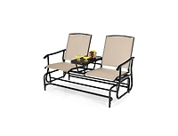 Slickblue 2-Person Double Rocking Loveseat with Mesh Fabric and Center Tempered Glass Table