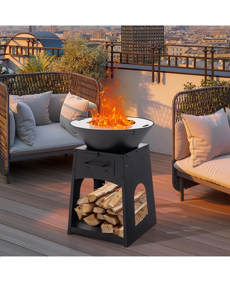 Slickblue Patio Fire Pit with Firewood Log Rack with Grill and Ash Box