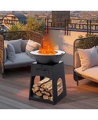 Slickblue Patio Fire Pit with Firewood Log Rack with Grill and Ash Box