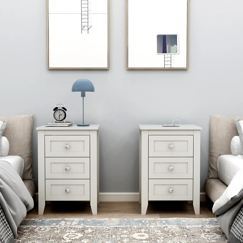 Streamdale Modern White 3-Drawer Nightstand with Usb Charging
