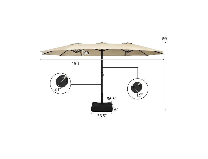 15 Feet Double-Sided Twin Patio Umbrella with Crank and Base