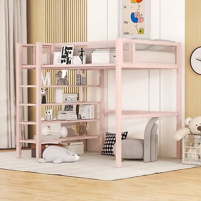 Streamdale Twin Metal Loft Bed With 4Tier Shelves And Storage, White