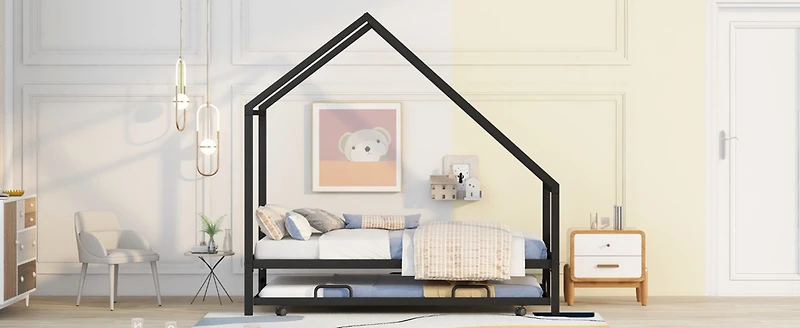 Streamdale Metal House Bed With Trundle, Twin Size House Bed