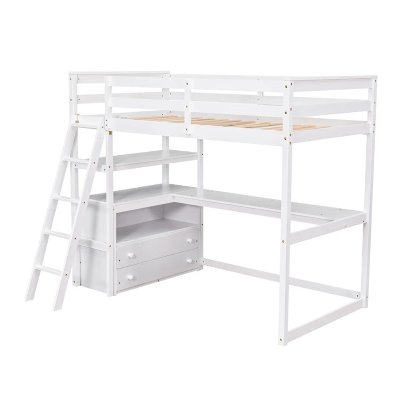 Simplie Fun Twin Size Loft Bed With Desk And Shelves, Two Built-In Drawers