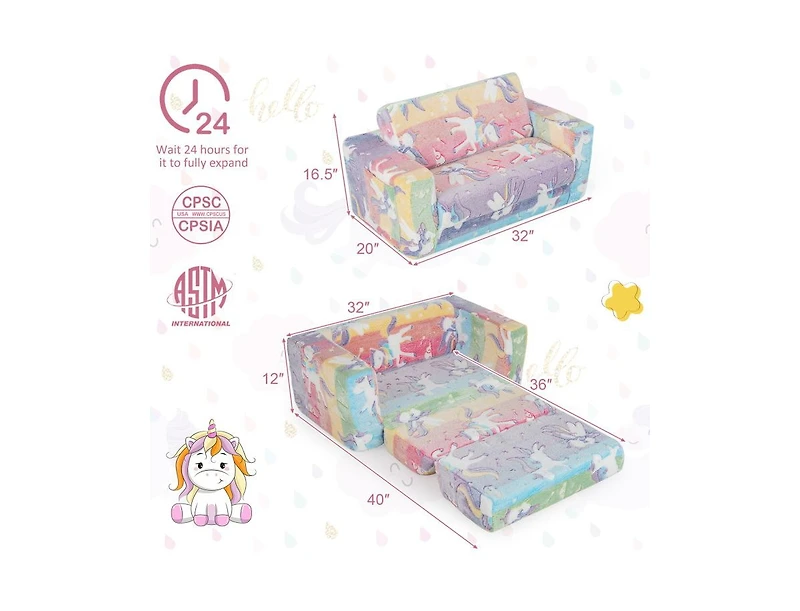 2-in-1 Flip Out Kids Sofa Chair with Detachable Flannel Fabric Cover and Glowing Patterns