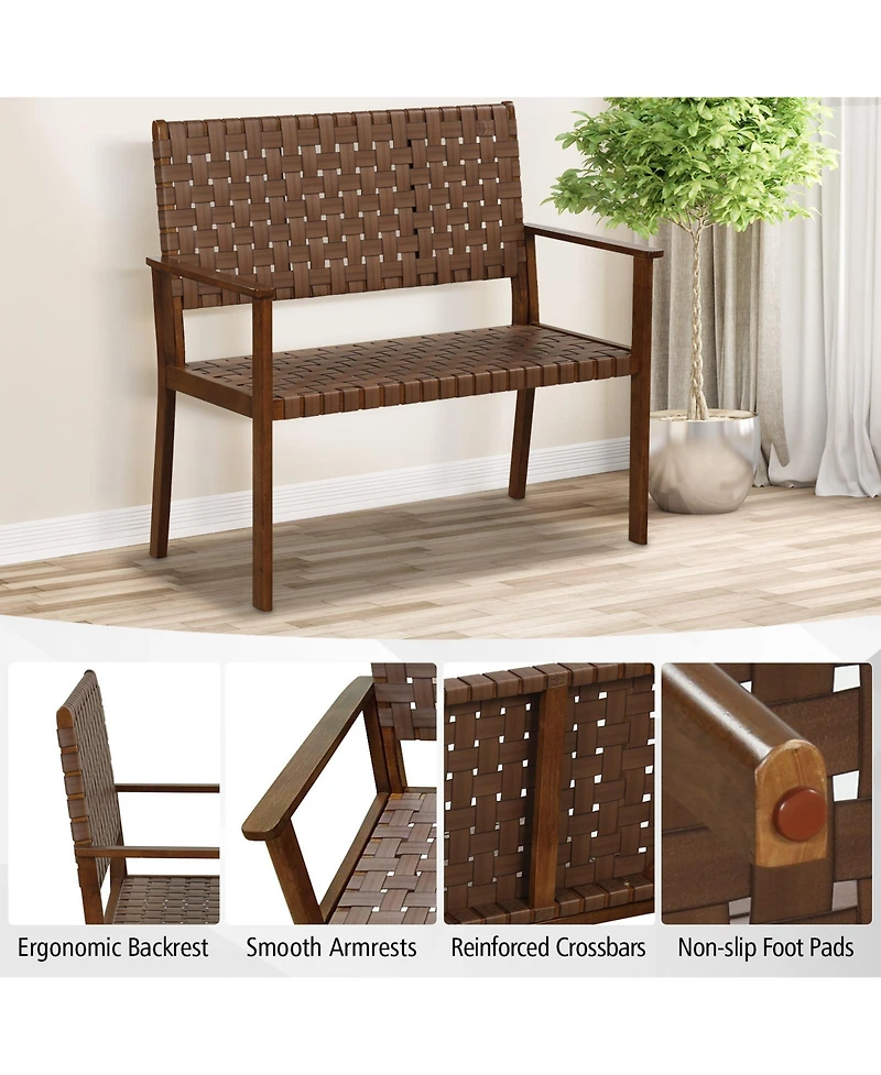 Slickblue Outdoor All Weather Bench with Solid Rubber Wood Frame and Hand Woven Pu Leather