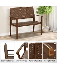 Slickblue Outdoor All Weather Bench with Solid Rubber Wood Frame and Hand Woven Pu Leather