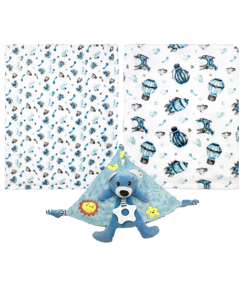 Tendertyme Baby Boys and Girls 3 Piece Fleece Blanket Taggy Toy Gift Assortment