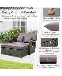Wicker Loveseat Sofa with Multipurpose Ottoman and Retractable Side Tray