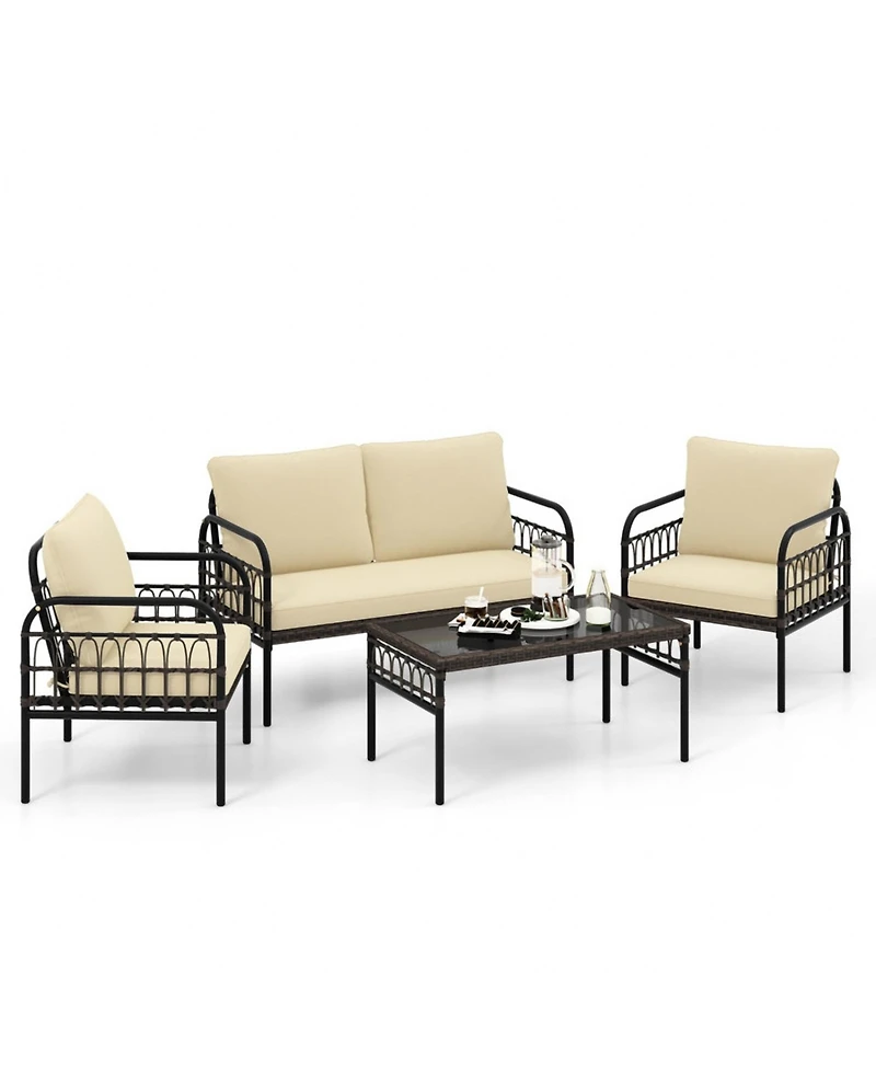 4 Pieces Outdoor Wicker Conversation Bistro Set with Soft Cushions and Tempered Glass Coffee Table