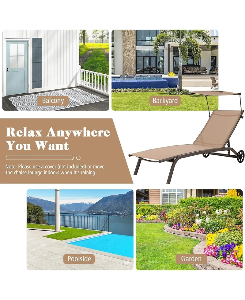 Inolait Patio Heavy-Duty Adjustable Chaise Lounge Chair with Canopy Cup holder and Wheels