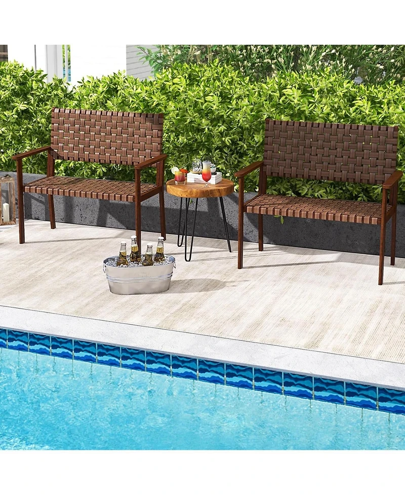Outdoor All Weather Bench with Solid Rubber Wood Frame and Hand Woven Pu Leather