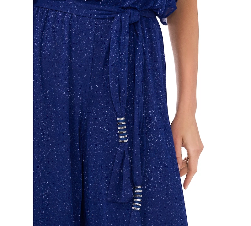 Msk Women's Glitter-Chiffon Blouson Wide-Leg Jumpsuit