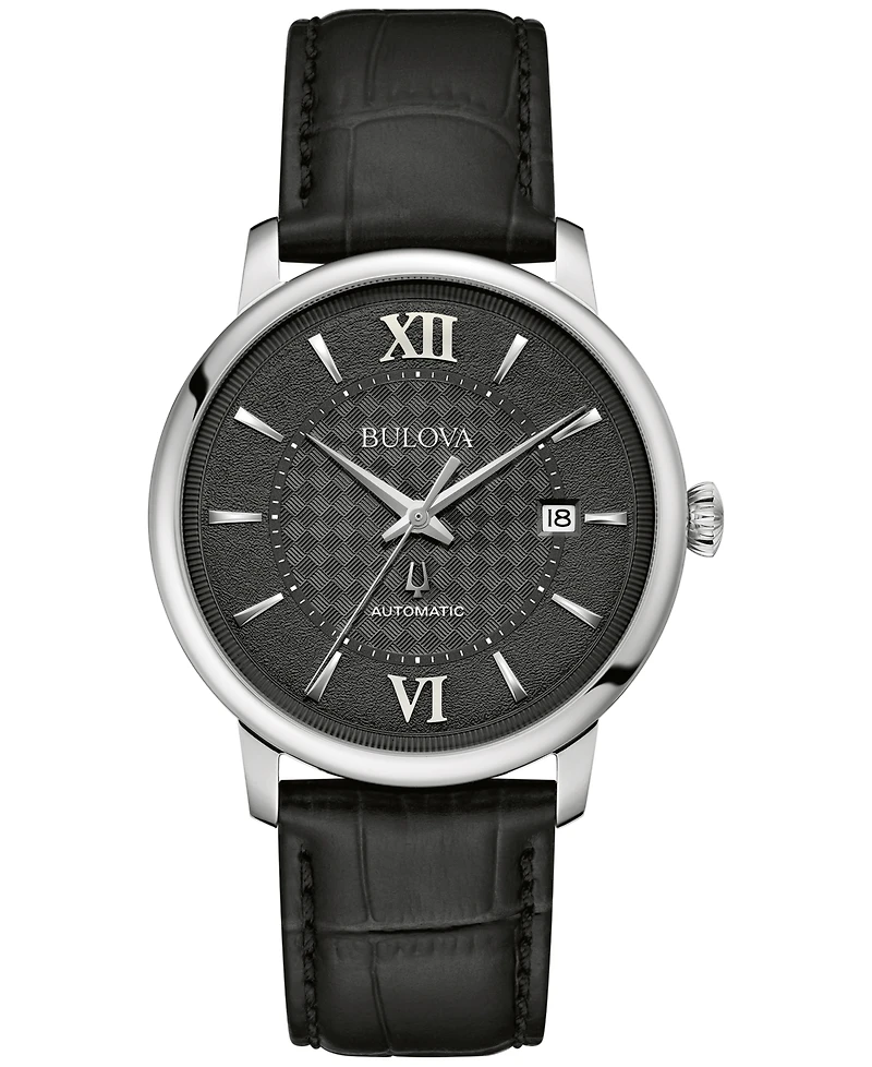 Bulova Unisex Automatic Hudson Black Leather Strap Watch 39mm