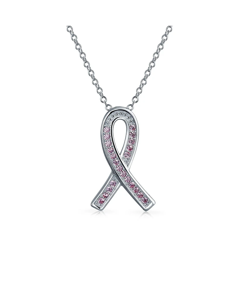 Bling Jewelry Delicate Elegant Fine Pave Pink Cubic Zirconia Cz Ribbon Breast Cancer Survivor Pendant Necklace Sterling Silver 18 Inch