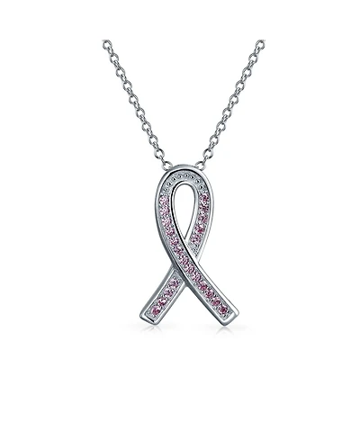 Bling Jewelry Delicate Elegant Fine Pave Pink Cubic Zirconia Cz Ribbon Breast Cancer Survivor Pendant Necklace Sterling Silver 18 Inch