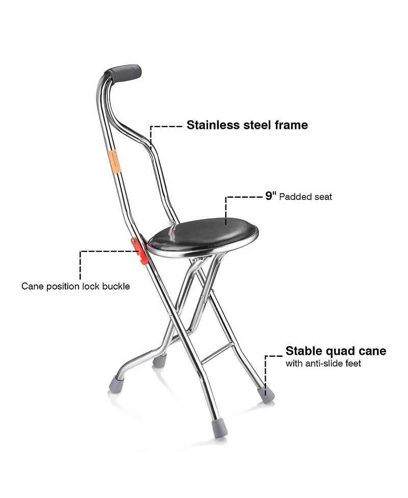 Medical Folding Walking Stick Seat Four Legged Portable Travel Hiking Cane Chair Stool