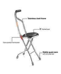 Medical Folding Walking Stick Seat Four Legged Portable Travel Hiking Cane Chair Stool