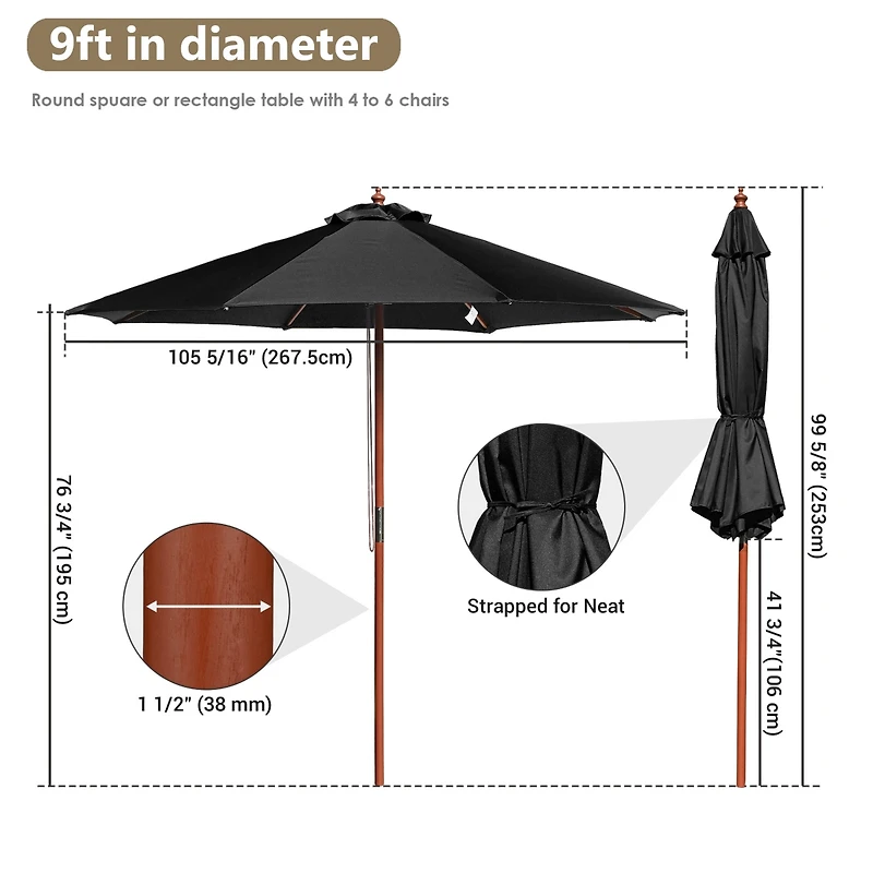Yescom 9FT Wooden Patio Umbrella UV30+ for Beach Pool Wedding Party Table Market Garden Yard Hotel Deck Cafe Black
