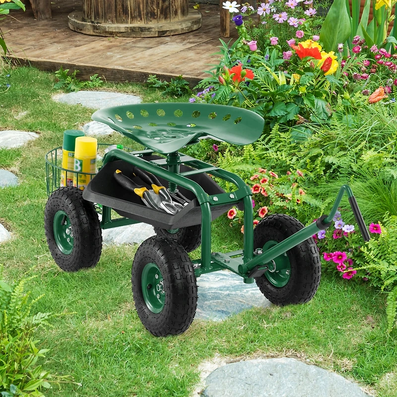 Garden Cart Rolling Work Seat for Planting w/E xtendable Handle