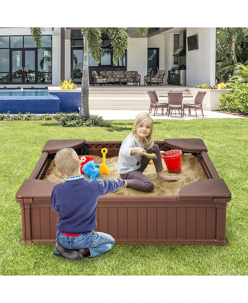 Sugift Kids Outdoor Sandbox with Oxford Cover and 4 Corner Seats
